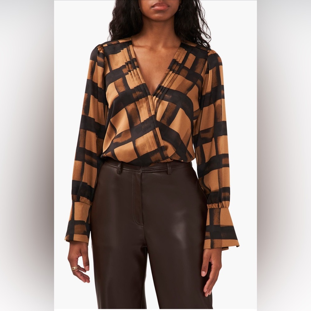Halogen Pleated Pintuck Wrap Front Plaid Blouse - Brown and Black, Sz S, NWT
